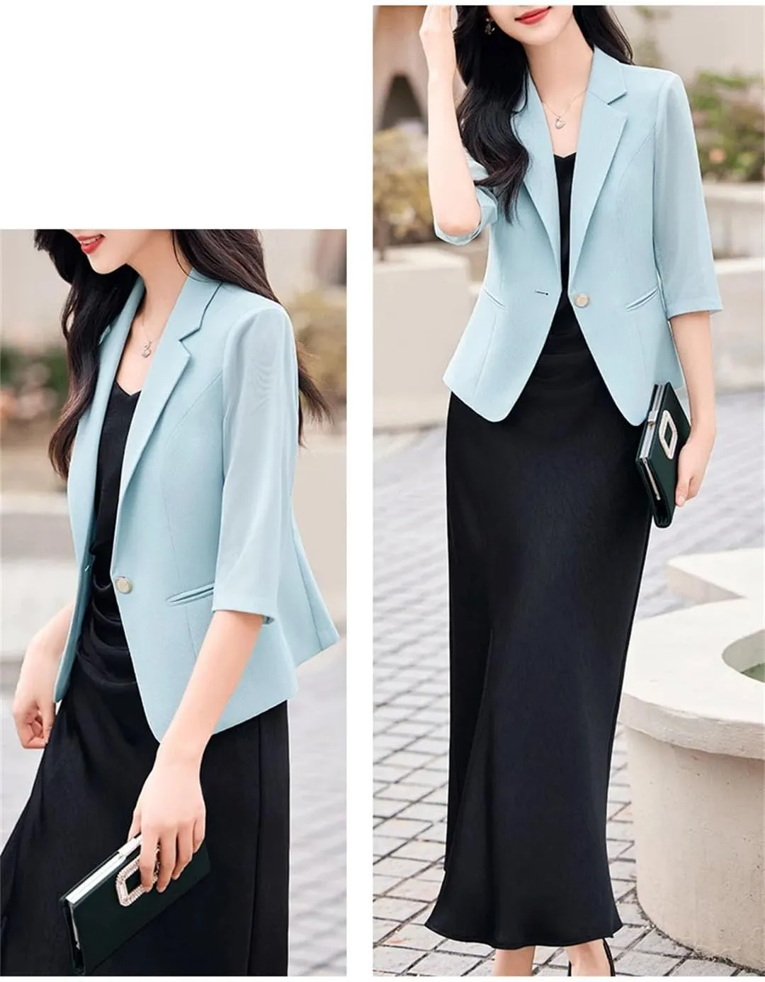 Women Spring Summer Professional Blazer Elegant Half Sleeve Suit Coat Slim One Button Blazer