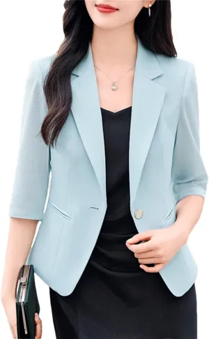 Women Spring Summer Professional Blazer Elegant Half Sleeve Suit Coat Slim One Button Blazer