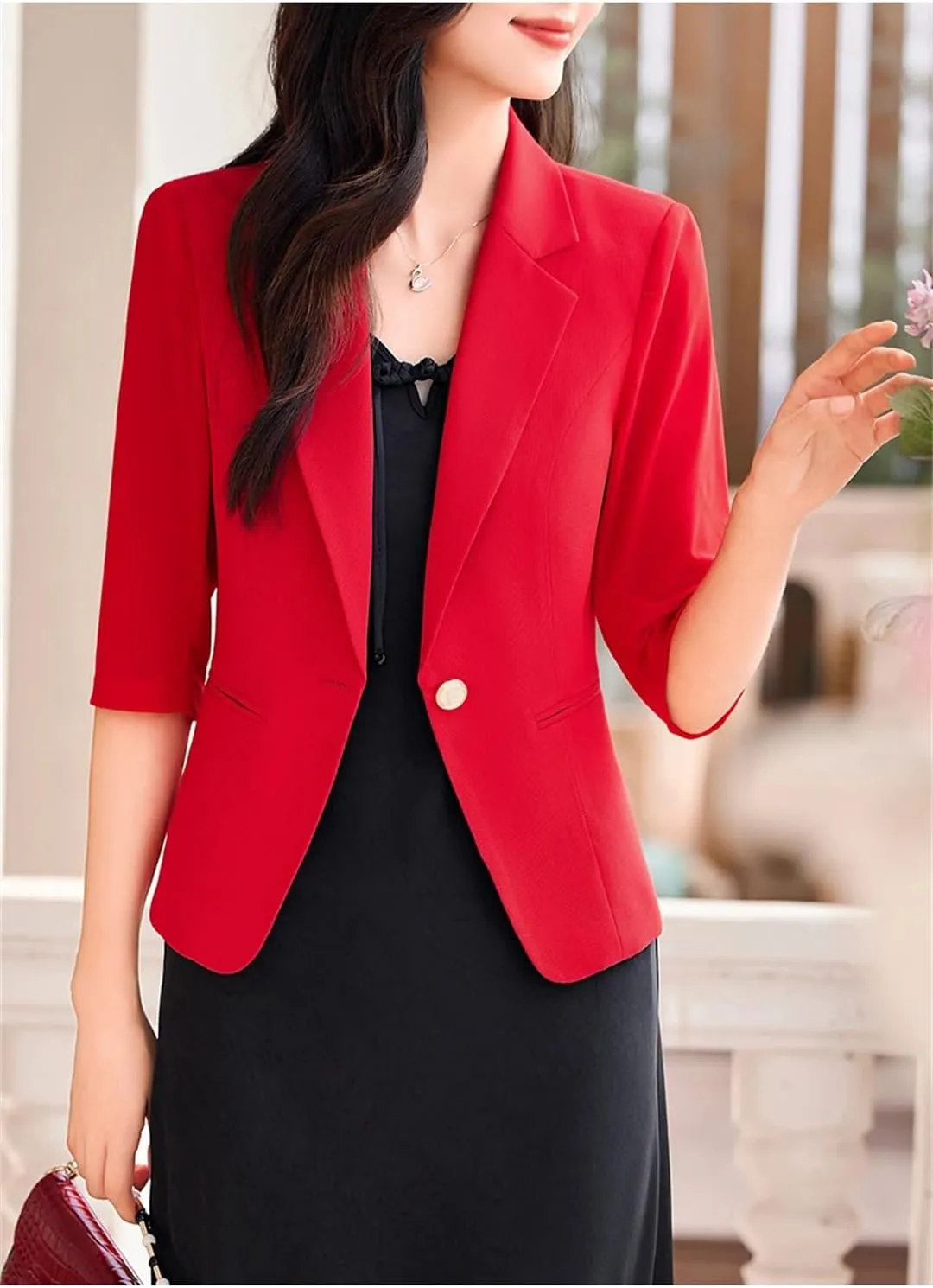 Women Spring Summer Professional Blazer Elegant Half Sleeve Suit Coat Slim One Button Blazer
