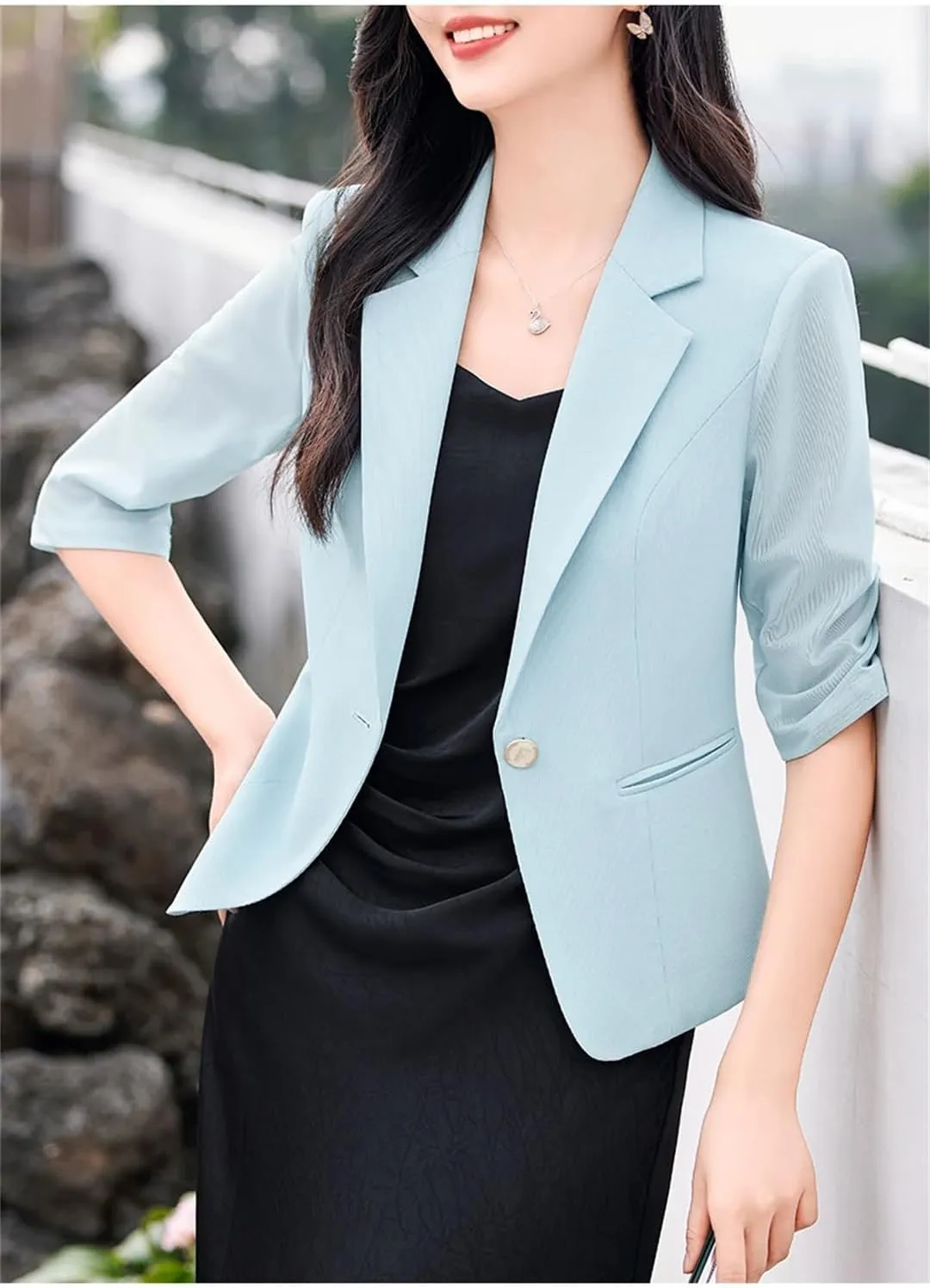 Women Spring Summer Professional Blazer Elegant Half Sleeve Suit Coat Slim One Button Blazer