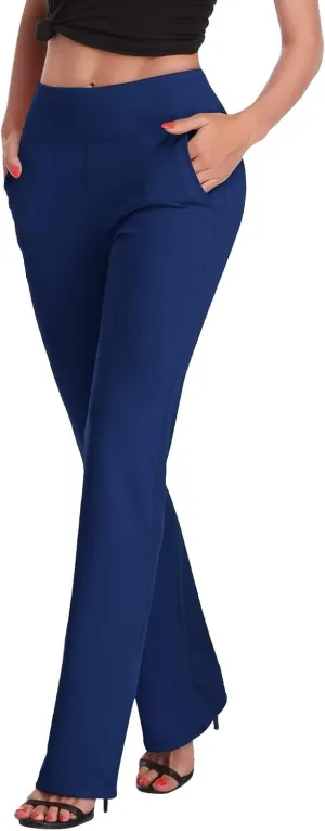 Women Straight Leg Yoga Dress Pants Stretch Bootcut Yoga Trousers Tummy Control Bootleg Pants with Pockets