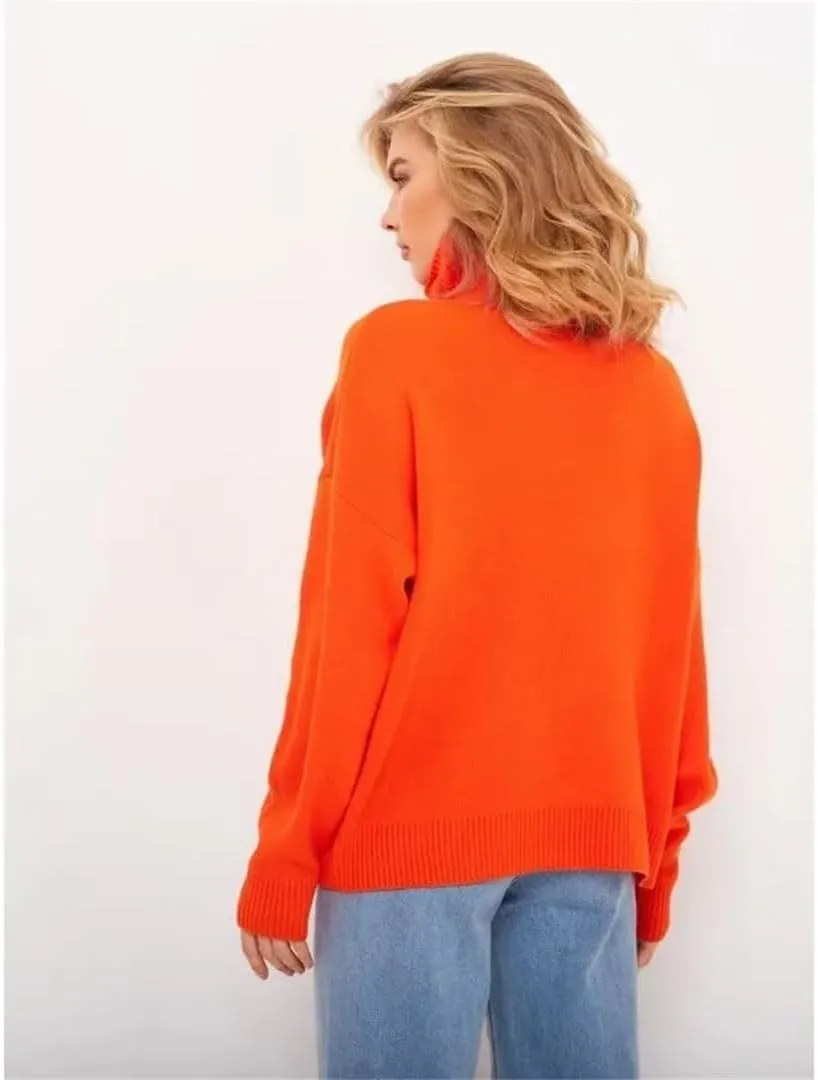 Women Turtleneck Oversize Sweater Vintage Solid Warm Knitted Sweater Fall Soft Pullover