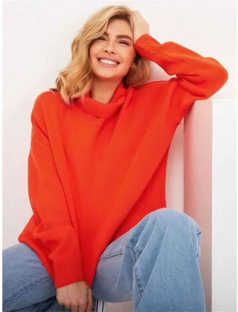 Women Turtleneck Oversize Sweater Vintage Solid Warm Knitted Sweater Fall Soft Pullover
