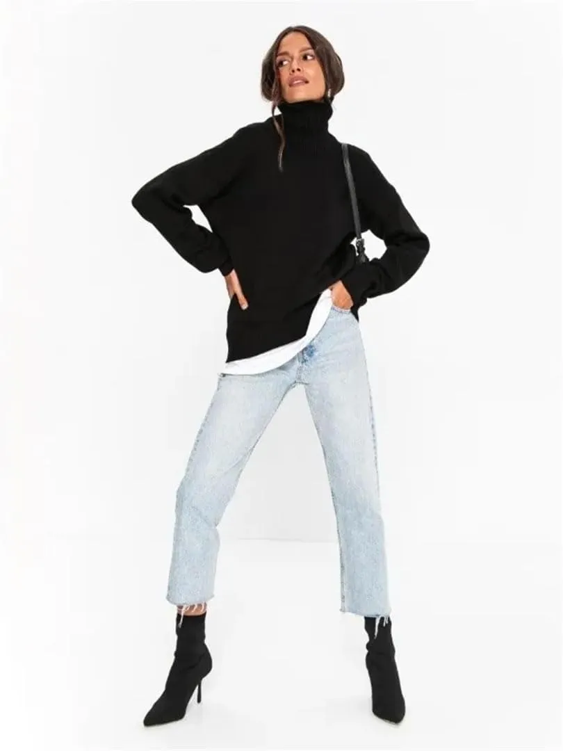 Women Turtleneck Oversize Sweater Vintage Solid Warm Knitted Sweater Fall Soft Pullover