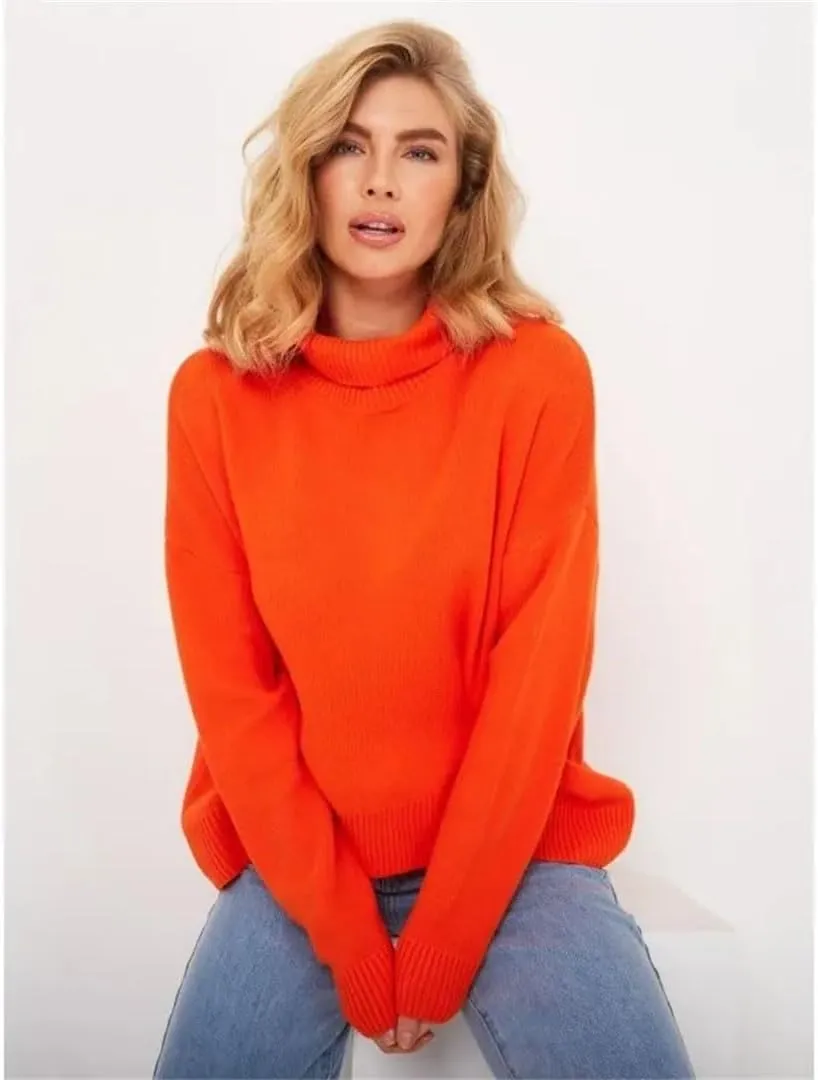 Women Turtleneck Oversize Sweater Vintage Solid Warm Knitted Sweater Fall Soft Pullover