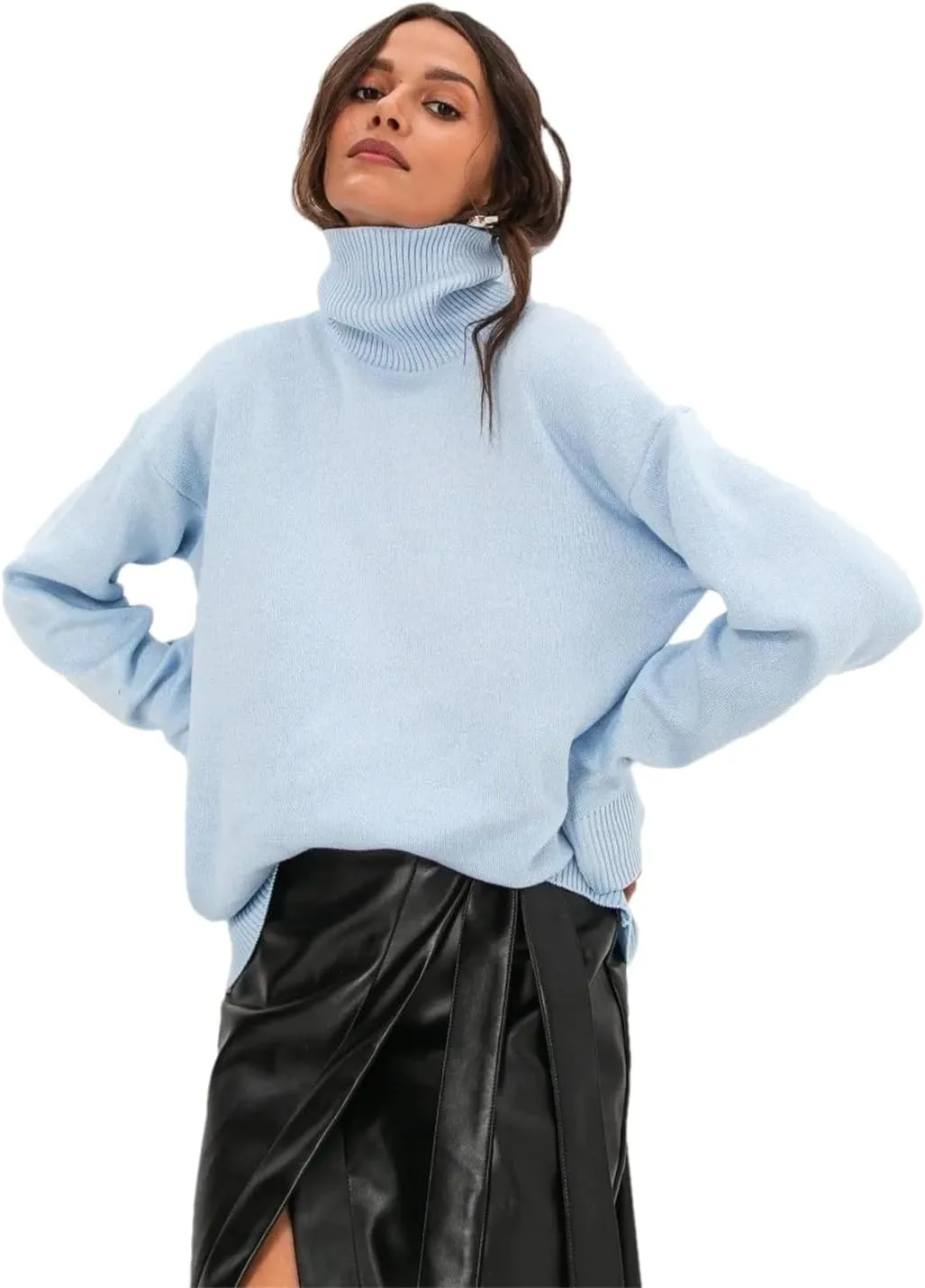 Women Turtleneck Oversize Sweater Vintage Solid Warm Knitted Sweater Fall Soft Pullover
