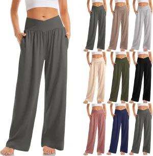 Women Wide Leg Yoga Pants Crossover Yoga Pants with Pockets Tummy Control Flare Leggings Stretch Lounge Sweatpant