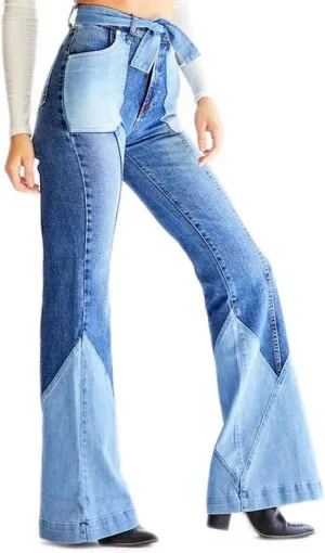 Womens Bell Bottom Jeans Color Block Patchwork Vintage High Waisted Belted Denim Stretch Flared Pants