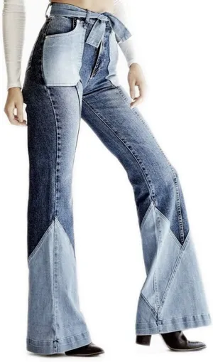 Womens Bell Bottom Jeans Color Block Patchwork Vintage High Waisted Belted Denim Stretch Flared Pants