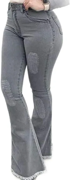 Womens Bell Bottom Jeans Vintage Fringe Solid High Waisted Washed Denim Flared Pants