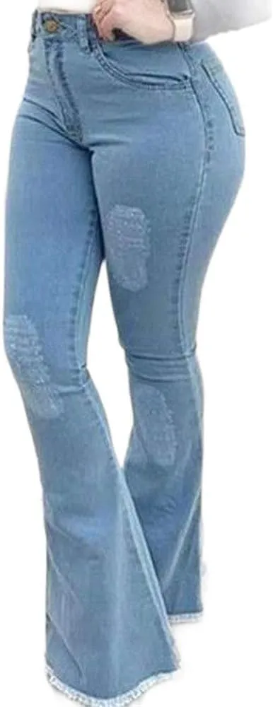 Womens Bell Bottom Jeans Vintage Fringe Solid High Waisted Washed Denim Flared Pants
