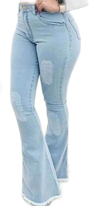Womens Bell Bottom Jeans Vintage Fringe Solid High Waisted Washed Denim Flared Pants