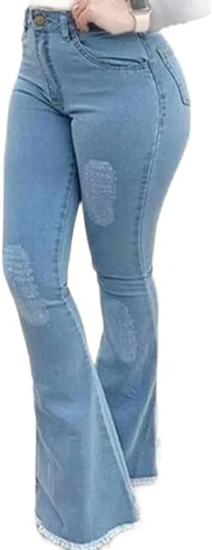 Womens Bell Bottom Jeans Vintage Fringe Solid High Waisted Washed Denim Flared Pants