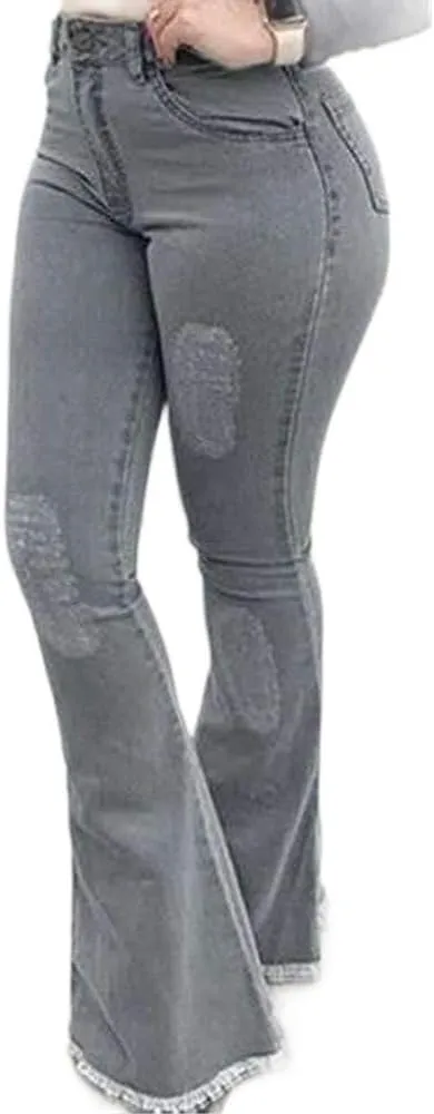 Womens Bell Bottom Jeans Vintage Fringe Solid High Waisted Washed Denim Flared Pants