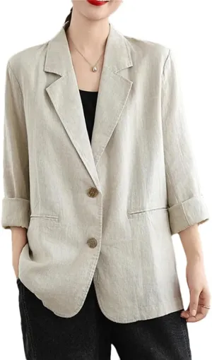 Women's Blazer Spring Autumn Loose Casual Cotton and Linen Long Sleeve Suit Jacket Top