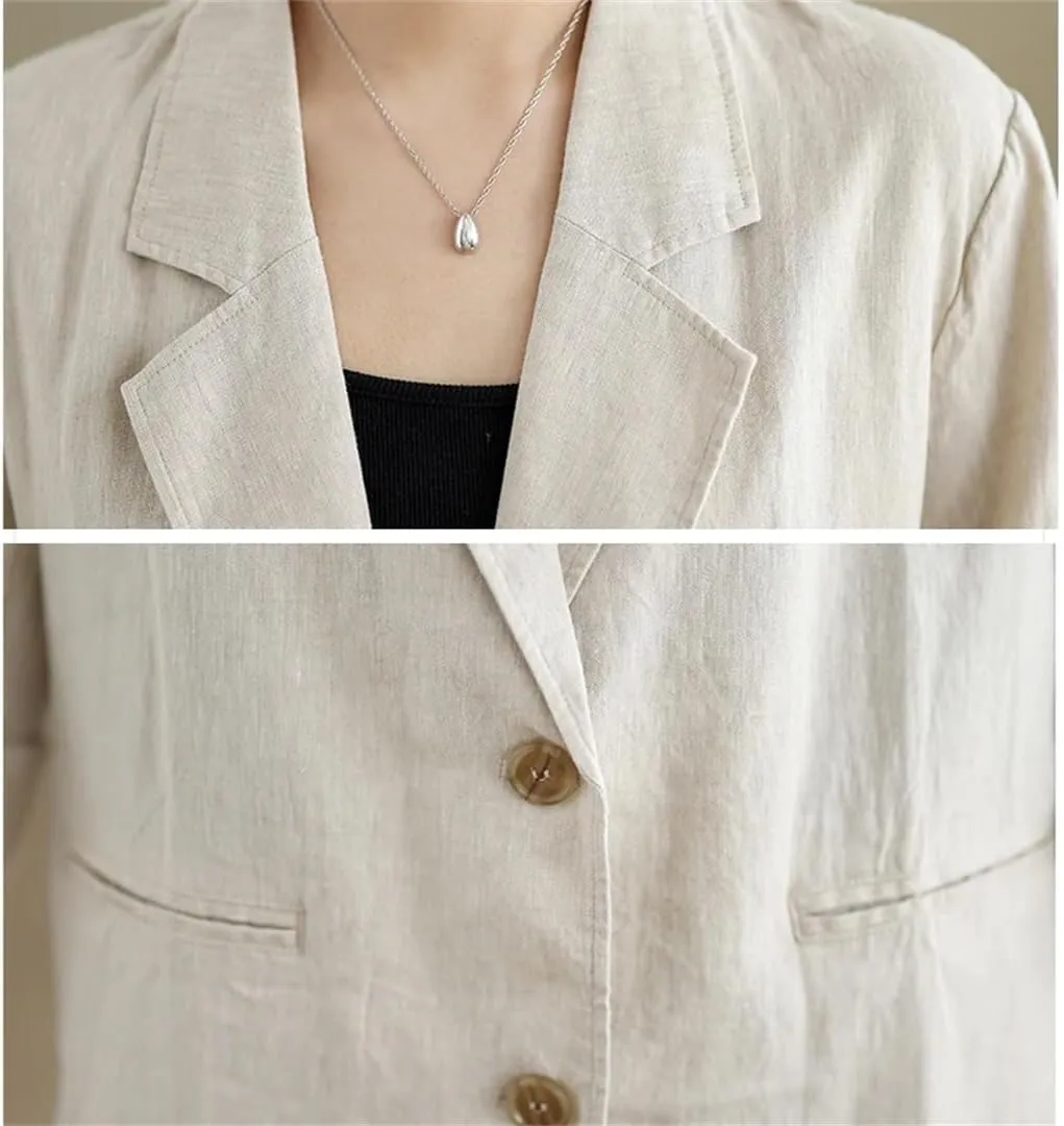 Women's Blazer Spring Autumn Loose Casual Cotton and Linen Long Sleeve Suit Jacket Top