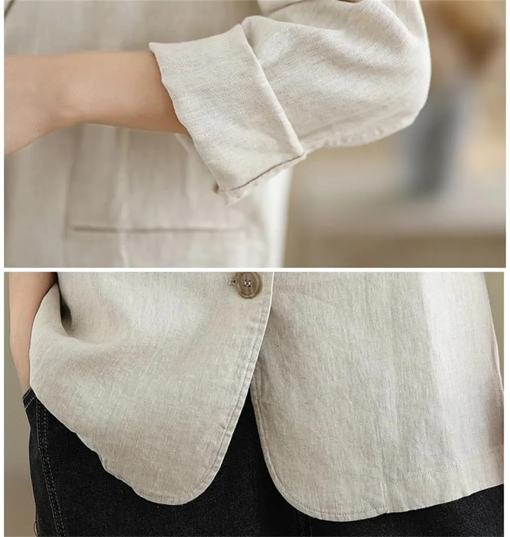 Women's Blazer Spring Autumn Loose Casual Cotton and Linen Long Sleeve Suit Jacket Top