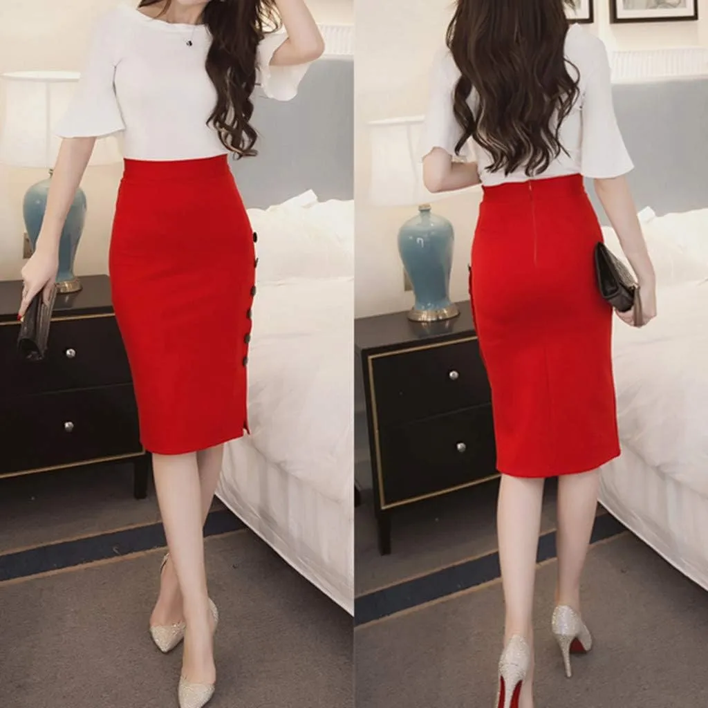 Women's Bodycon Maxi Skirt Dressy Casual Slim High Waist Button Side Slit Pencil Long Skirts Fashion Outfits Clothes