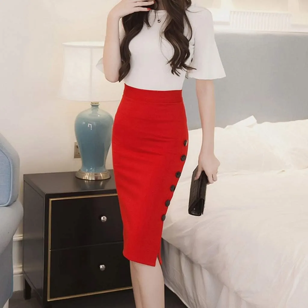 Women's Bodycon Maxi Skirt Dressy Casual Slim High Waist Button Side Slit Pencil Long Skirts Fashion Outfits Clothes
