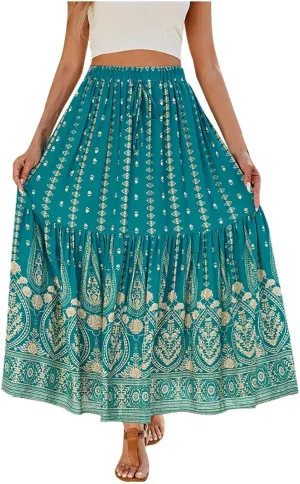 Womens Boho Maxi Skirts Summer Casual Cotton Floral A-Line Flowy Swing Drawstring High Waist Tiered Long Skirt