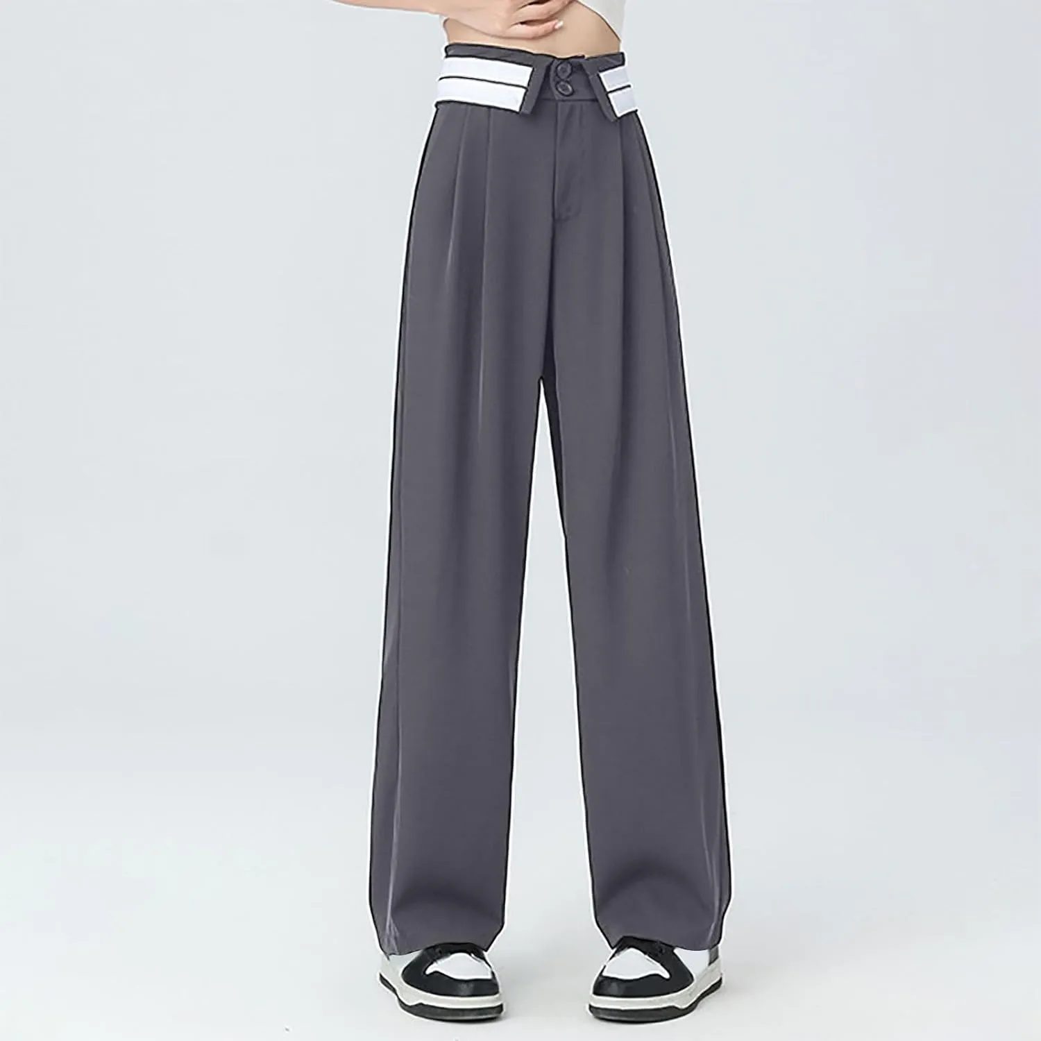 Womens Casual High Waisted Wide Leg Pants Button Up Straight Business Work Trousers Casual Loose Lounge Pants 2024