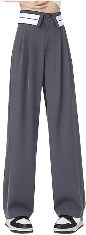 Womens Casual High Waisted Wide Leg Pants Button Up Straight Business Work Trousers Casual Loose Lounge Pants 2024