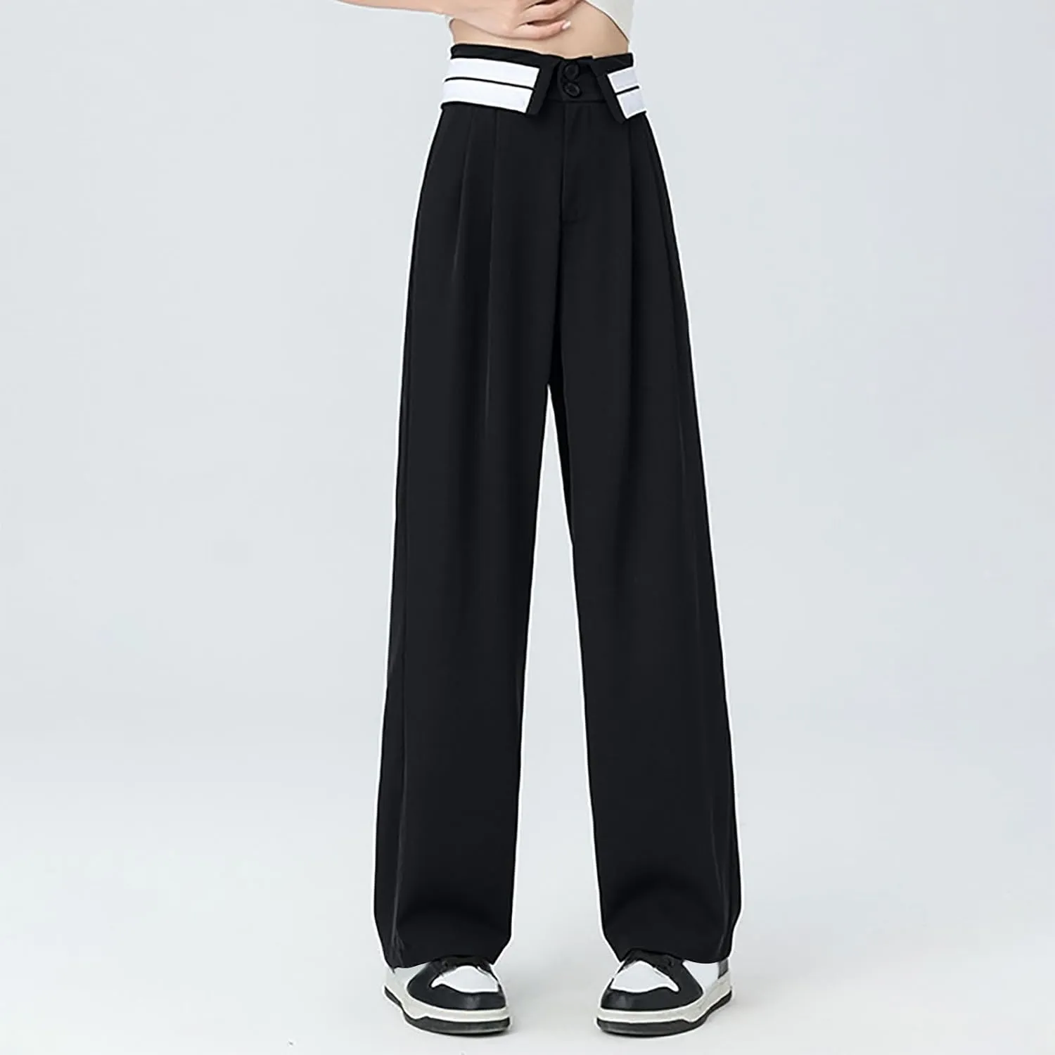 Womens Casual High Waisted Wide Leg Pants Button Up Straight Business Work Trousers Casual Loose Lounge Pants 2024
