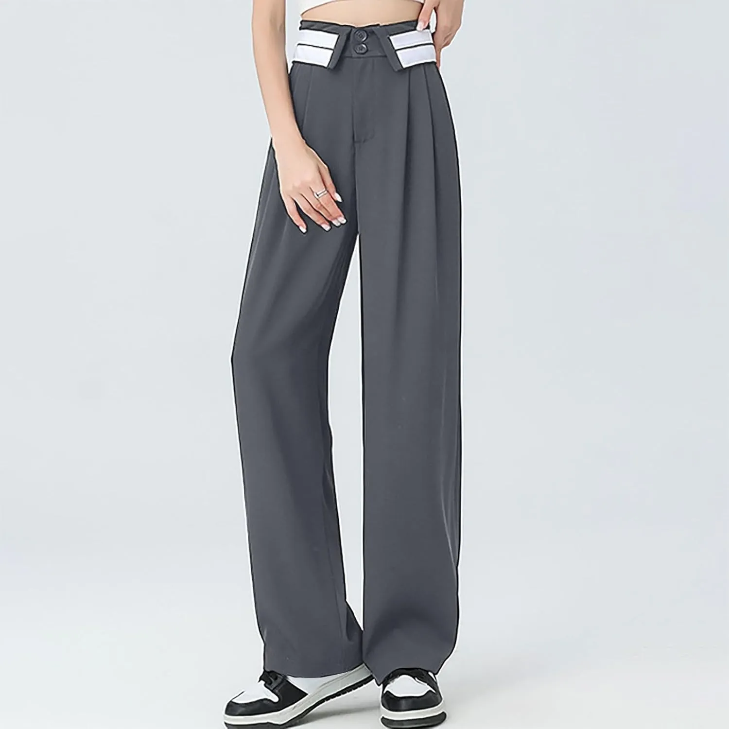 Womens Casual High Waisted Wide Leg Pants Button Up Straight Business Work Trousers Casual Loose Lounge Pants 2024