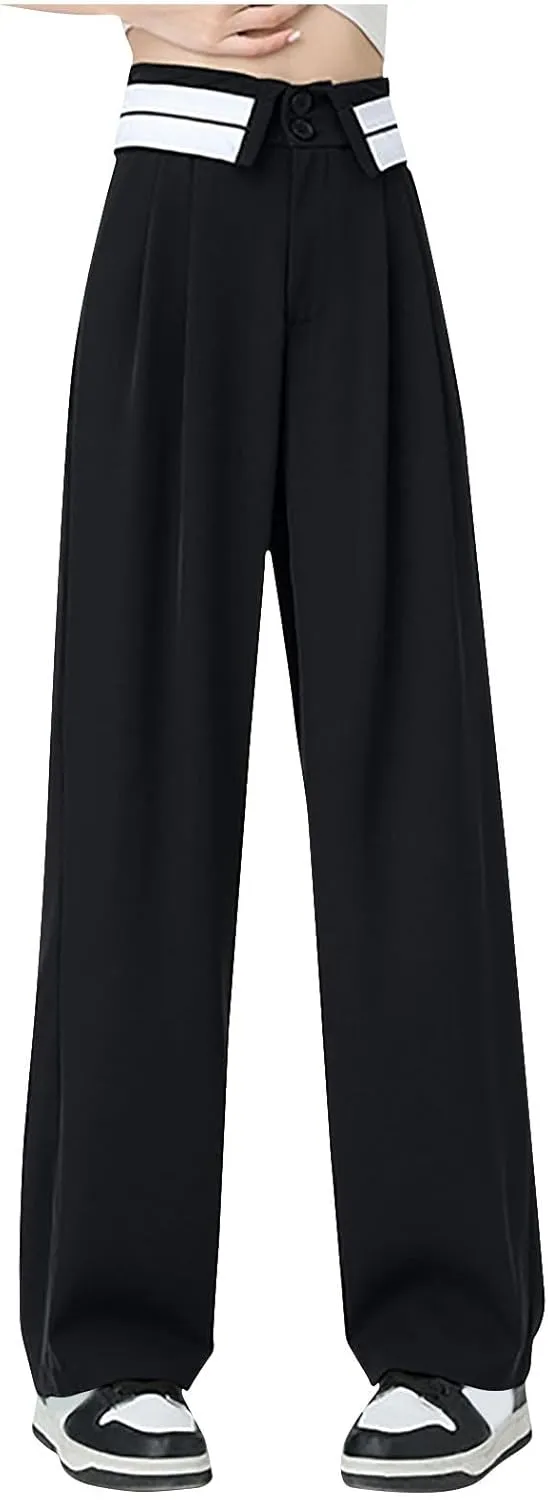 Womens Casual High Waisted Wide Leg Pants Button Up Straight Business Work Trousers Casual Loose Lounge Pants 2024