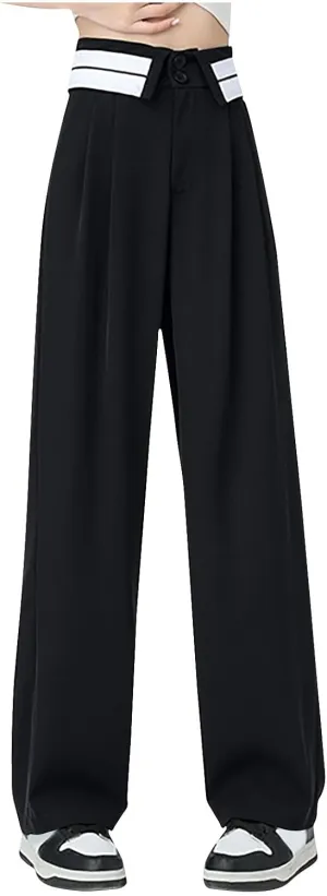 Womens Casual High Waisted Wide Leg Pants Button Up Straight Business Work Trousers Casual Loose Lounge Pants 2024