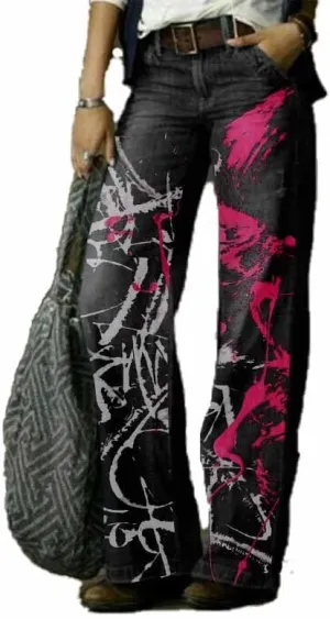Womens Casual Jeans Retro High Waist Wide Leg Pants Printed All Match Straight Pants