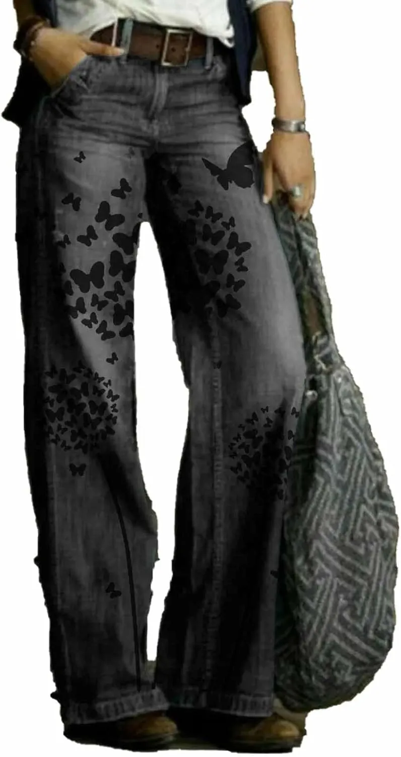 Womens Casual Jeans Retro High Waist Wide Leg Pants Printed All Match Straight Pants