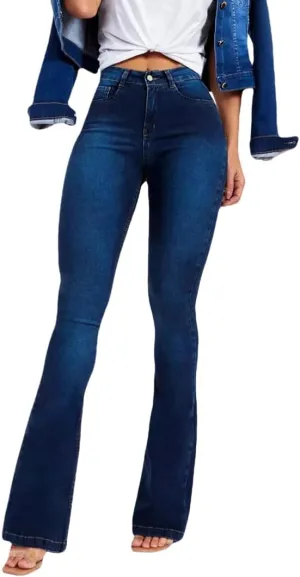 Women's Classic High Waisted Flared Pants Stretch Tight Fashion Jeans with Pockets