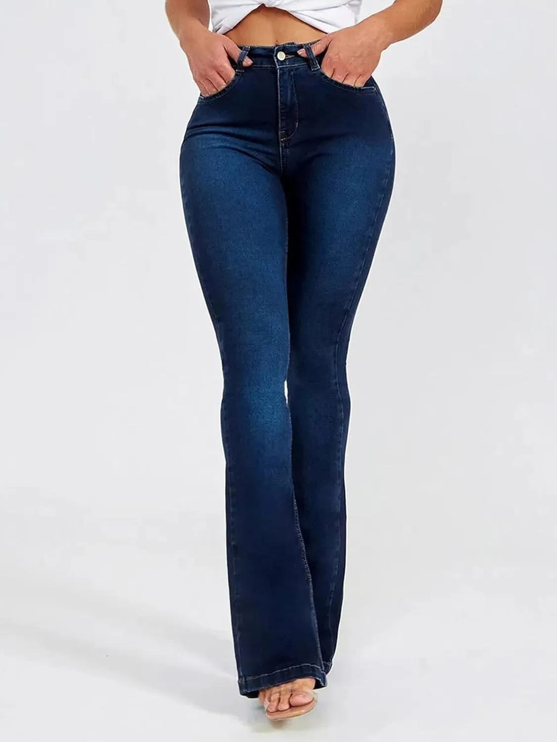 Women's Classic High Waisted Flared Pants Stretch Tight Fashion Jeans with Pockets
