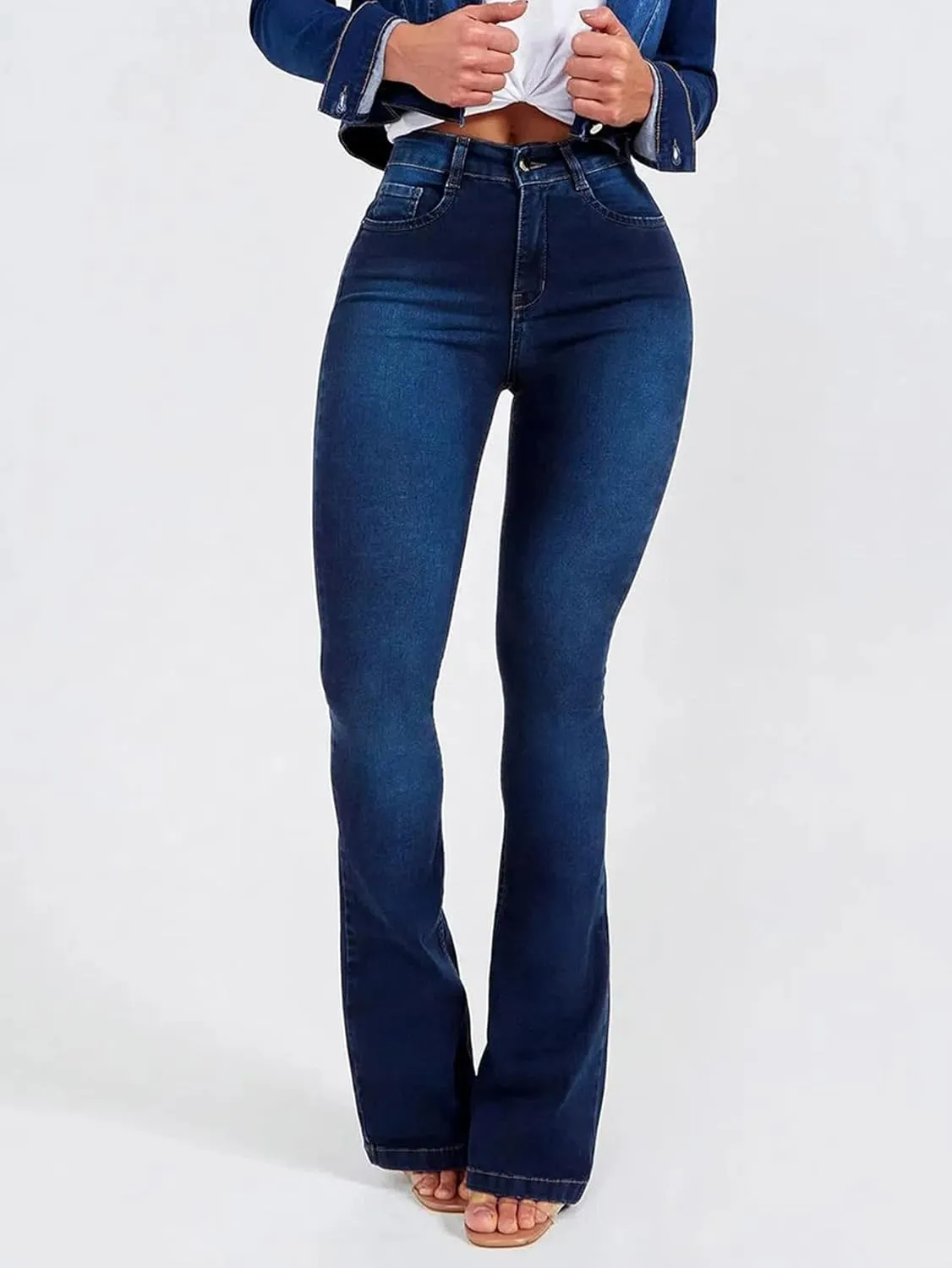Women's Classic High Waisted Flared Pants Stretch Tight Fashion Jeans with Pockets