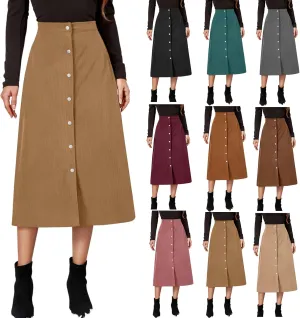Womens Corduroy Long Skirts High Waist A-Line Vintage Corduroy Midi Skirt Button Front Straight Casual Fall Skirt