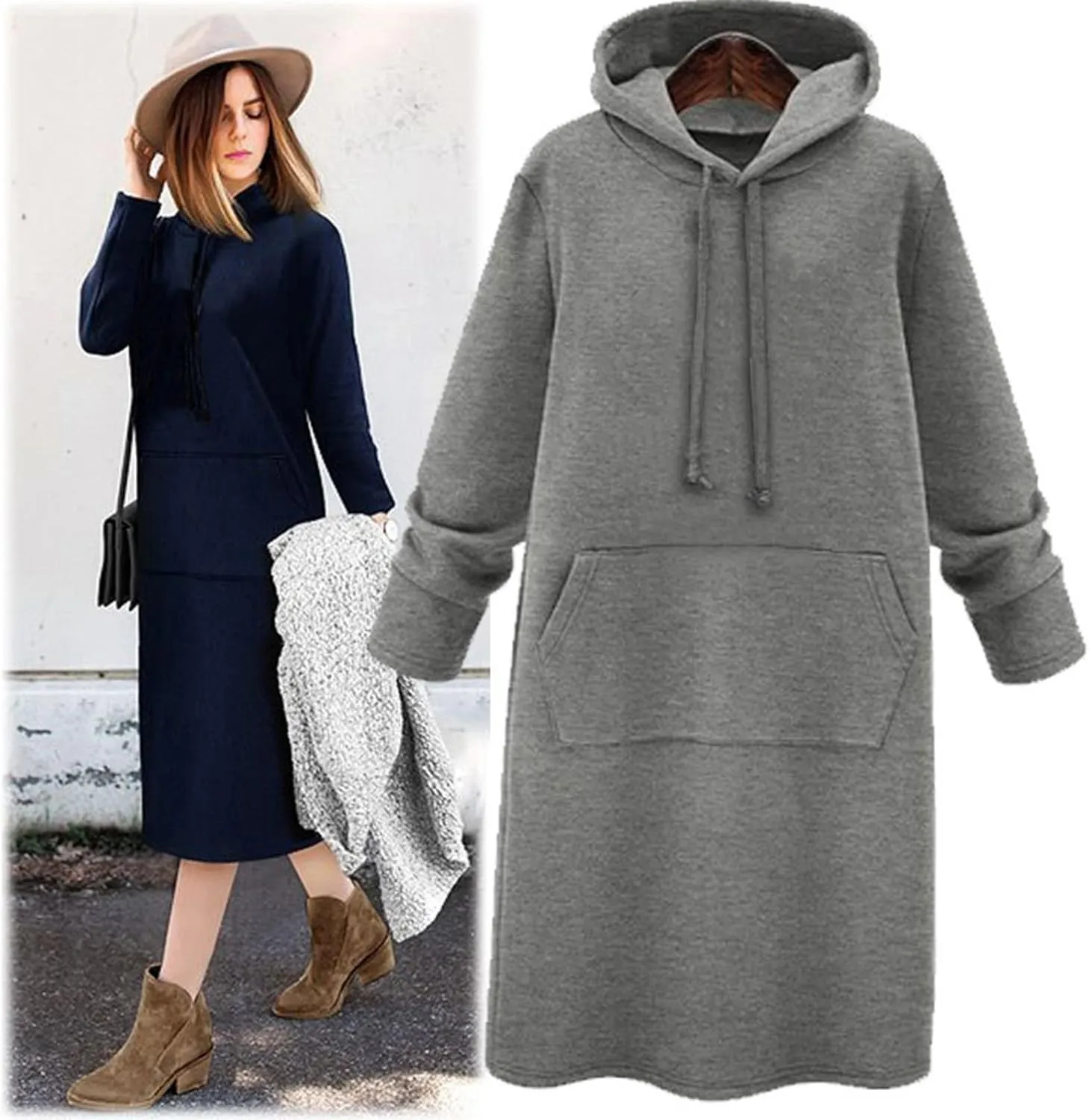 Womens Dresses Fall Winter 2024 Casual Long Sleeve Drawstring Hoodies Sweatshirt Pullover Tunic Mini Dress