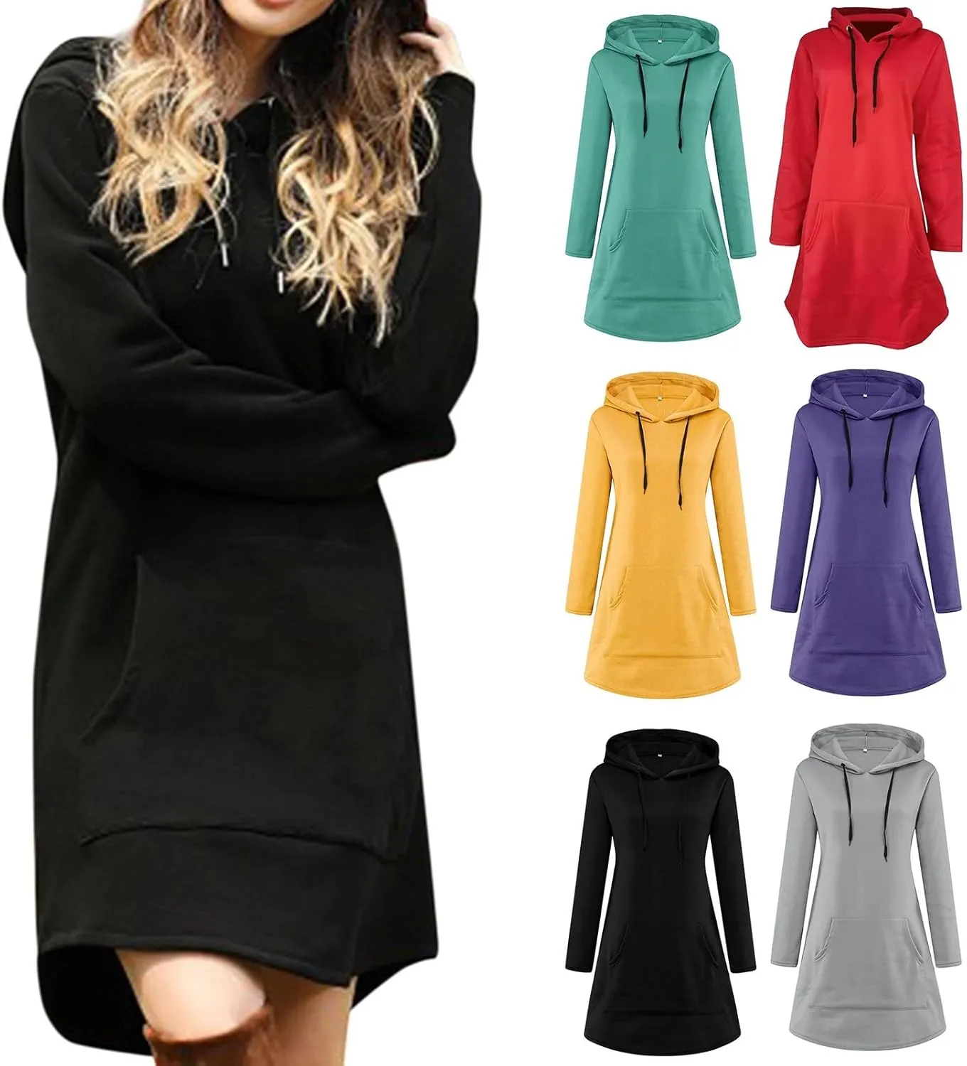 Womens Dresses Fall Winter 2024 Casual Long Sleeve Drawstring Hoodies Sweatshirt Pullover Tunic Mini Dress
