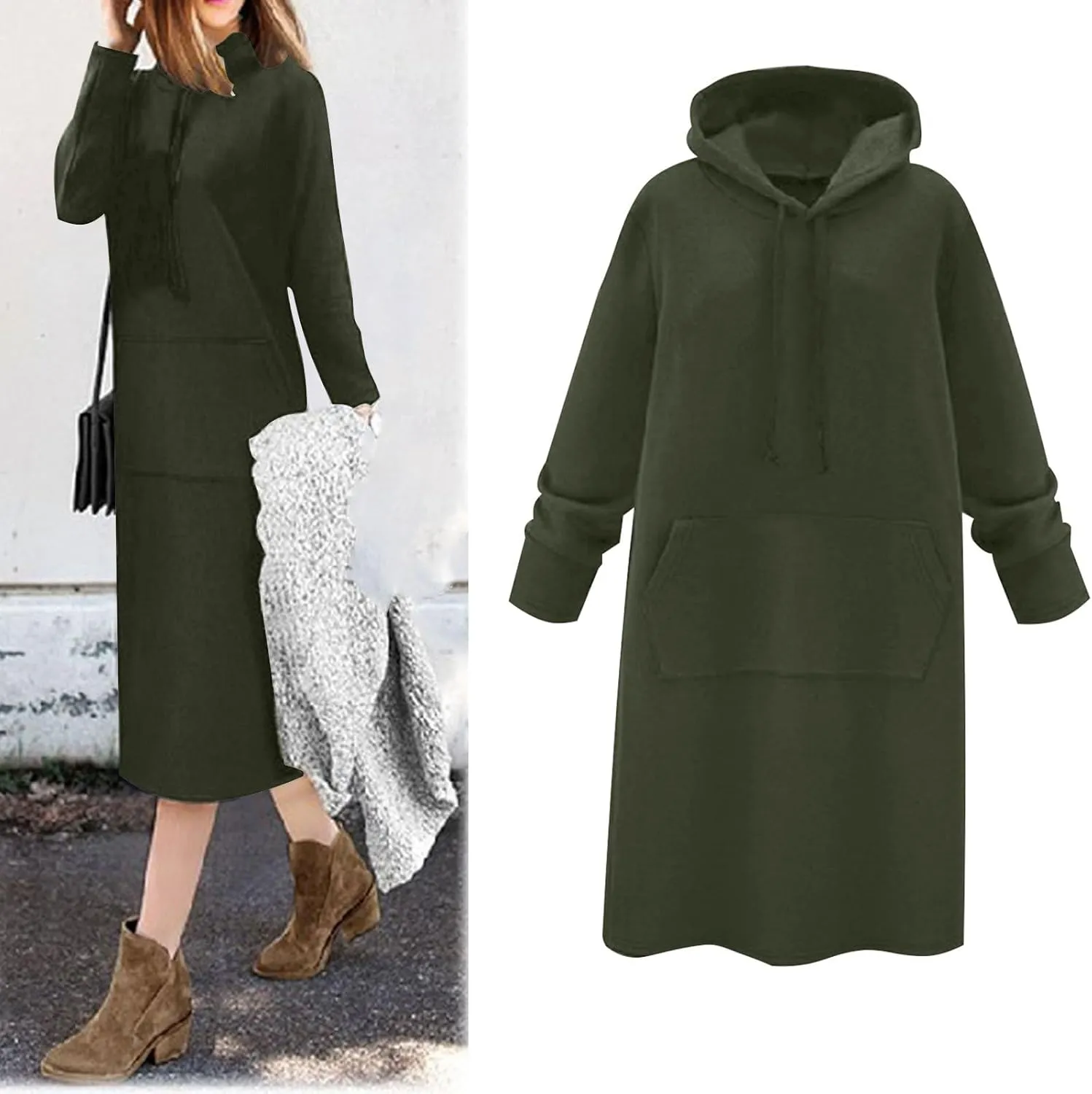 Womens Dresses Fall Winter 2024 Casual Long Sleeve Drawstring Hoodies Sweatshirt Pullover Tunic Mini Dress