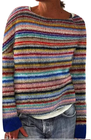 Women's Fair Isle Knitted Sweater Vintage Long Sleeve Boat Neck Retro Lightweight Pullover Plain Fashion Lounge Tops