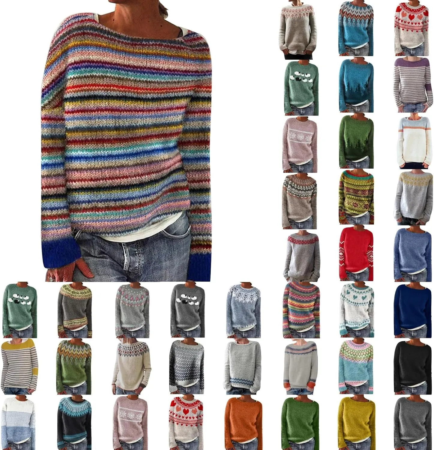 Women's Fair Isle Sweater Classic Retro Sweaters Long Sleeve Crewneck Lightweight Vintage Knitted Pullover Tops
