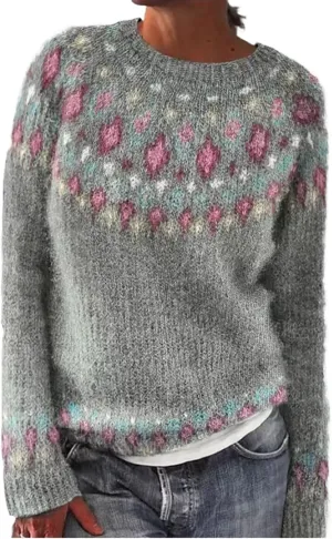 Women's Fair Isle Sweater Classic Retro Sweaters Long Sleeve Crewneck Lightweight Vintage Knitted Pullover Tops
