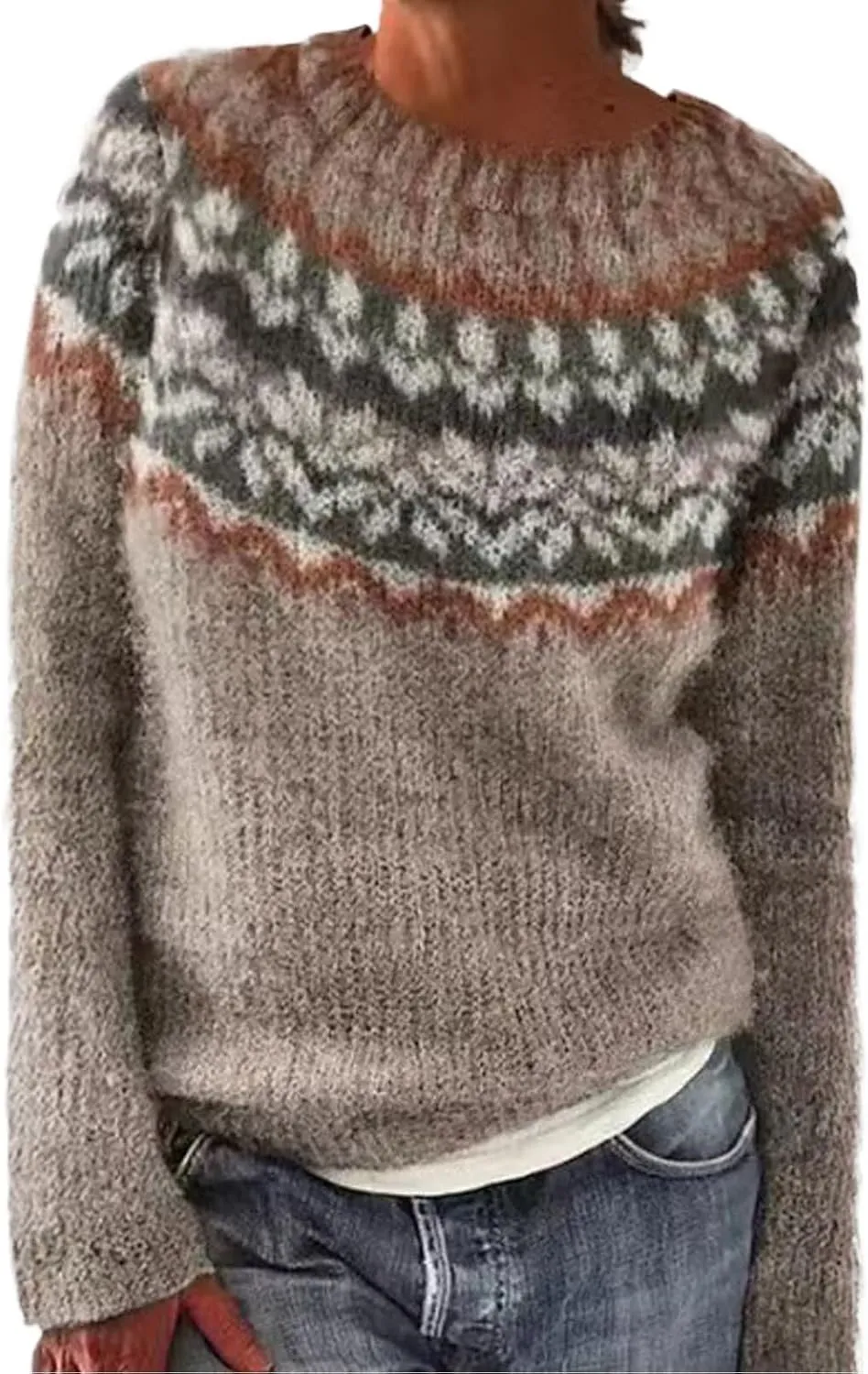 Women's Fair Isle Sweater Classic Retro Sweaters Long Sleeve Crewneck Lightweight Vintage Knitted Pullover Tops