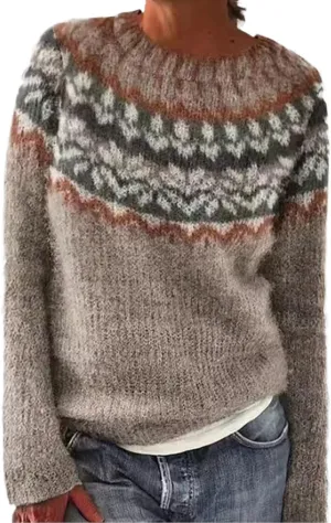 Women's Fair Isle Sweater Classic Retro Sweaters Long Sleeve Crewneck Lightweight Vintage Knitted Pullover Tops