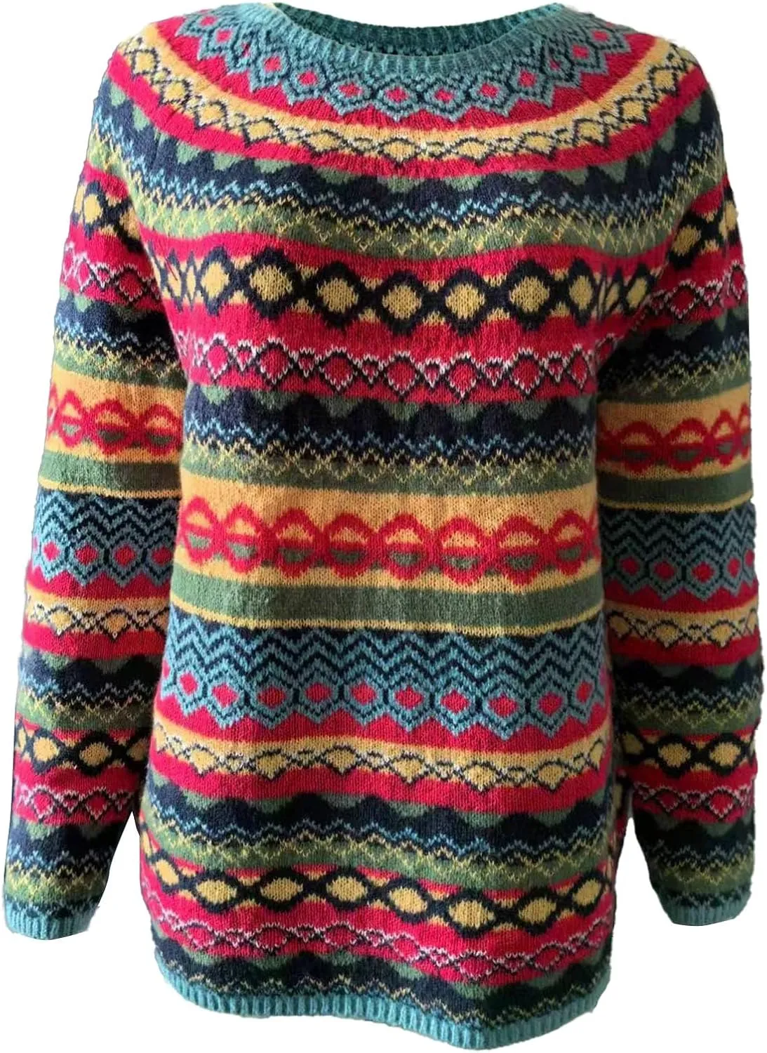 Women's Fair Isle Sweater Classic Retro Sweaters Long Sleeve Crewneck Lightweight Vintage Knitted Pullover Tops
