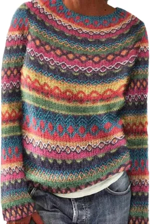 Women's Fair Isle Sweater Classic Retro Sweaters Long Sleeve Crewneck Lightweight Vintage Knitted Pullover Tops