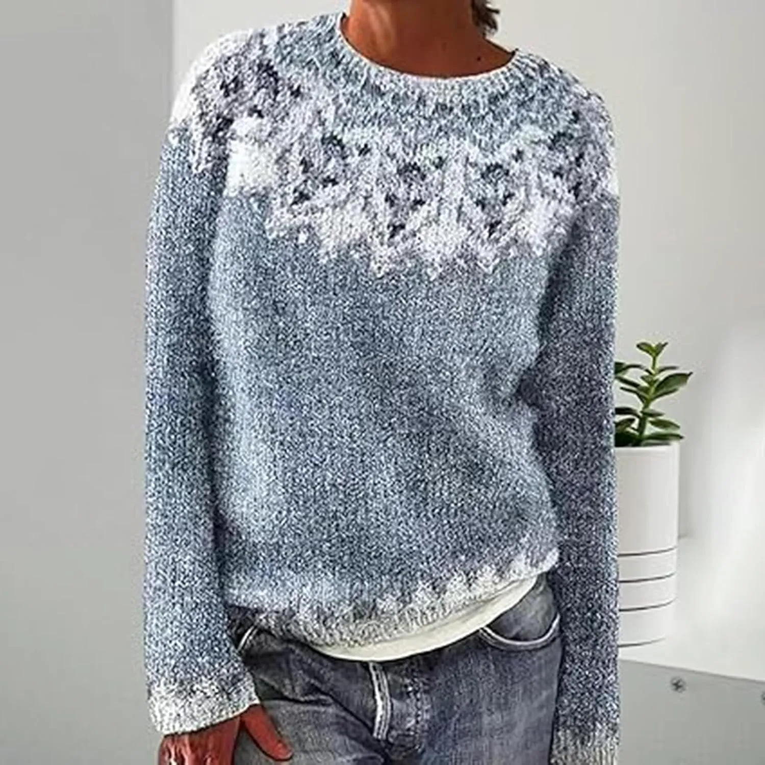 Womens Fall Vintage Fair Isle Sweater Women's Knitted Isle Print Retro Sweater Casual Loose Casual Loose Long Sleeve
