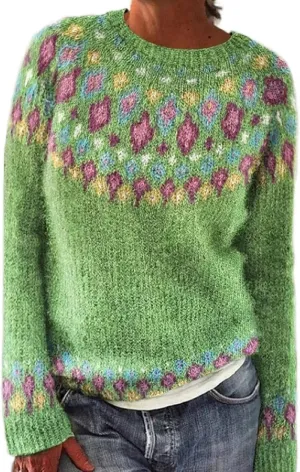 Womens Fall Vintage Fair Isle Sweater Women's Knitted Isle Print Retro Sweater Casual Loose Casual Loose Long Sleeve