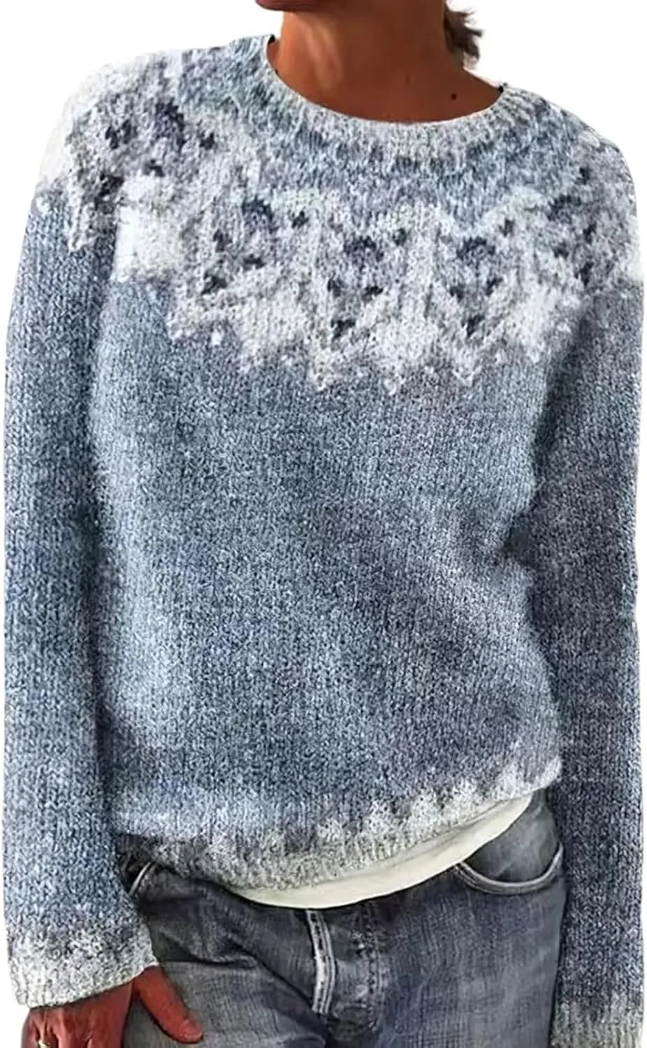 Womens Fall Vintage Fair Isle Sweater Women's Knitted Isle Print Retro Sweater Casual Loose Casual Loose Long Sleeve