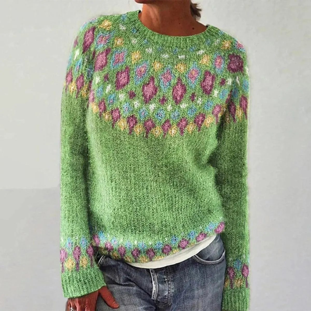Womens Fall Vintage Fair Isle Sweater Women's Knitted Isle Print Retro Sweater Casual Loose Casual Loose Long Sleeve
